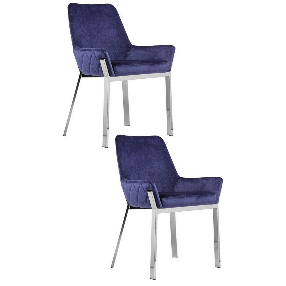 Fuma 23 Inch Set of 2 Dining Chairs Foam Fill Navy Blue Velvet Silver By Casagear Home BM313355