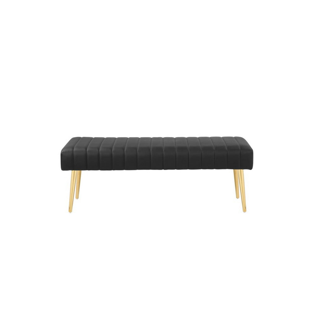 Lida 45 Inch Bench Modern Tufted Lines Black Faux Leather Gold Metal By Casagear Home BM313356