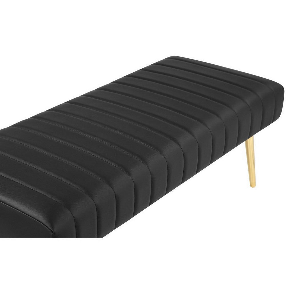 Lida 45 Inch Bench Modern Tufted Lines Black Faux Leather Gold Metal By Casagear Home BM313356