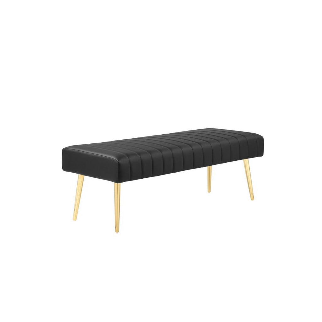 Lida 45 Inch Bench Modern Tufted Lines Black Faux Leather Gold Metal By Casagear Home BM313356