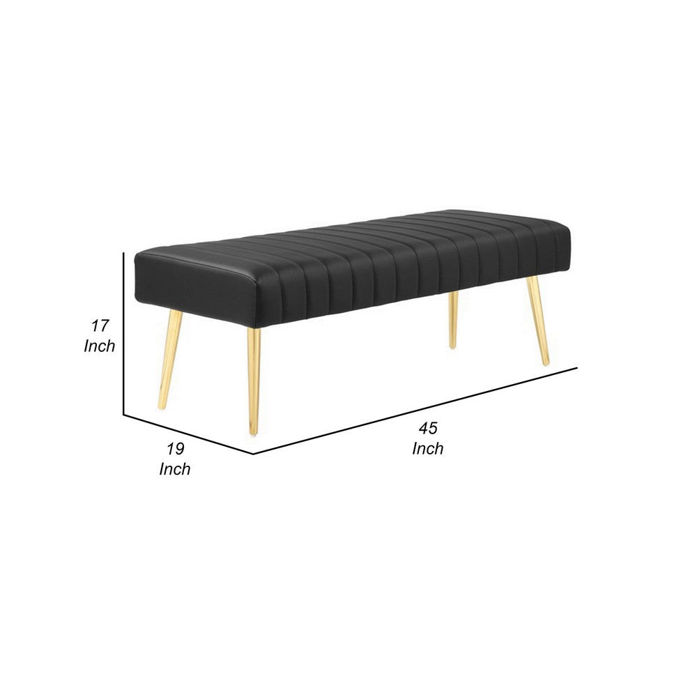 Lida 45 Inch Bench Modern Tufted Lines Black Faux Leather Gold Metal By Casagear Home BM313356