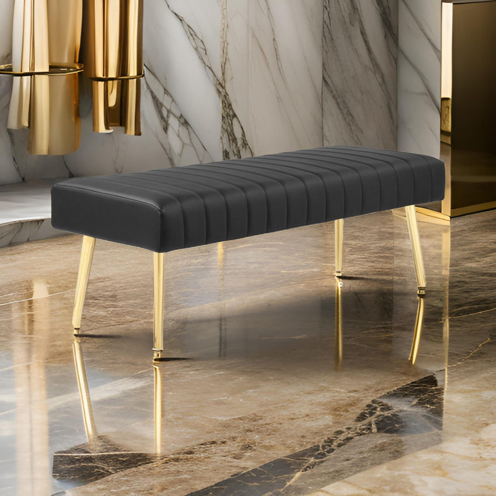 Lida 45 Inch Bench, Modern Tufted Lines, Black Faux Leather, Gold Metal By Casagear Home