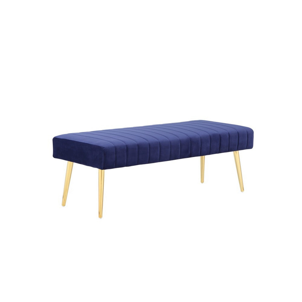 Lida 45 Inch Bench Modern Tufted Lines Blue Soft Velvet Gold Metal By Casagear Home BM313357