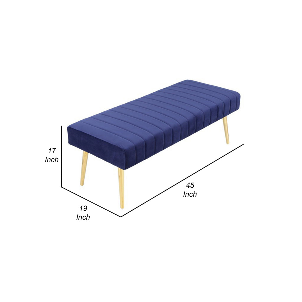 Lida 45 Inch Bench Modern Tufted Lines Blue Soft Velvet Gold Metal By Casagear Home BM313357