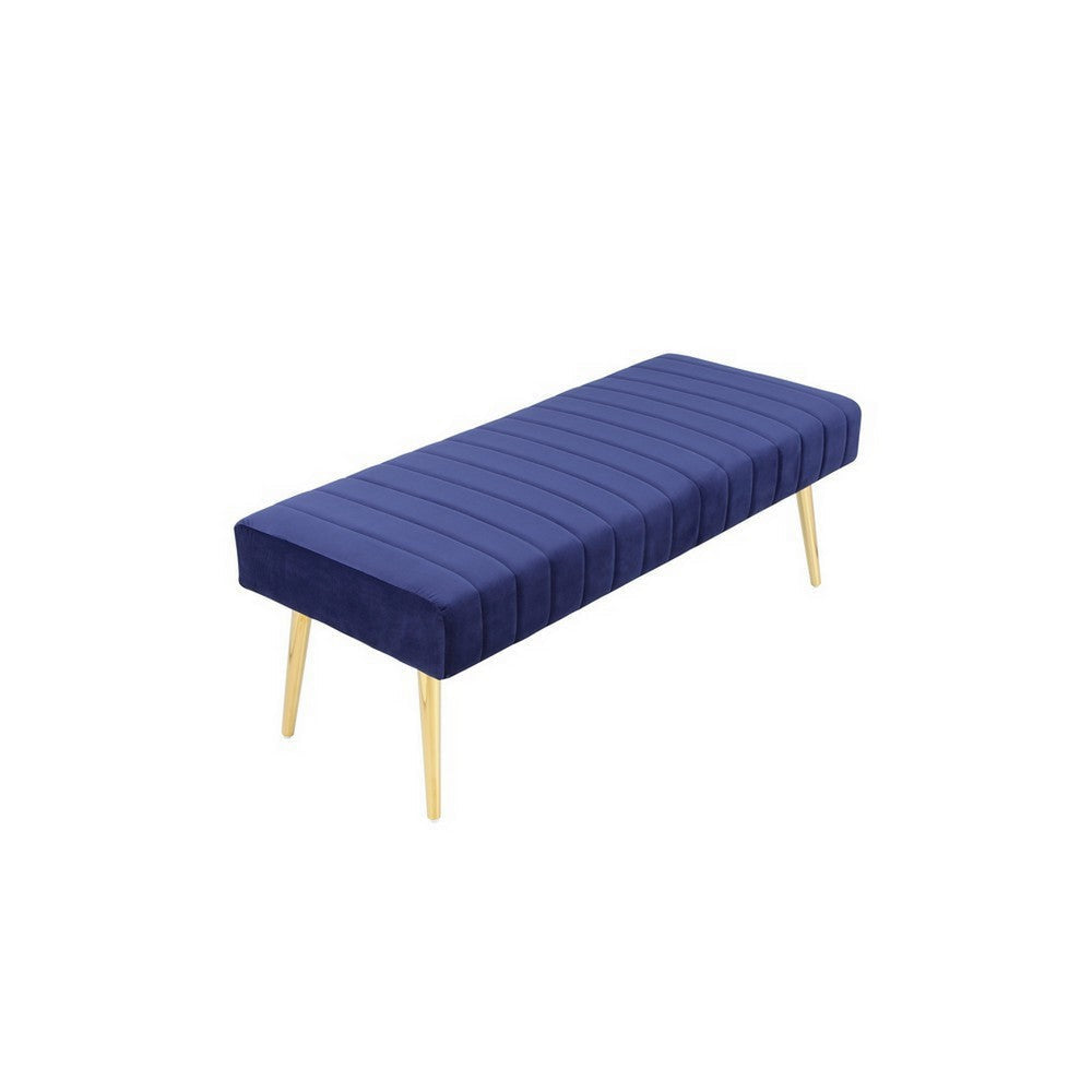 Lida 45 Inch Bench, Modern Tufted Lines, Blue Soft Velvet, Gold Metal By Casagear Home