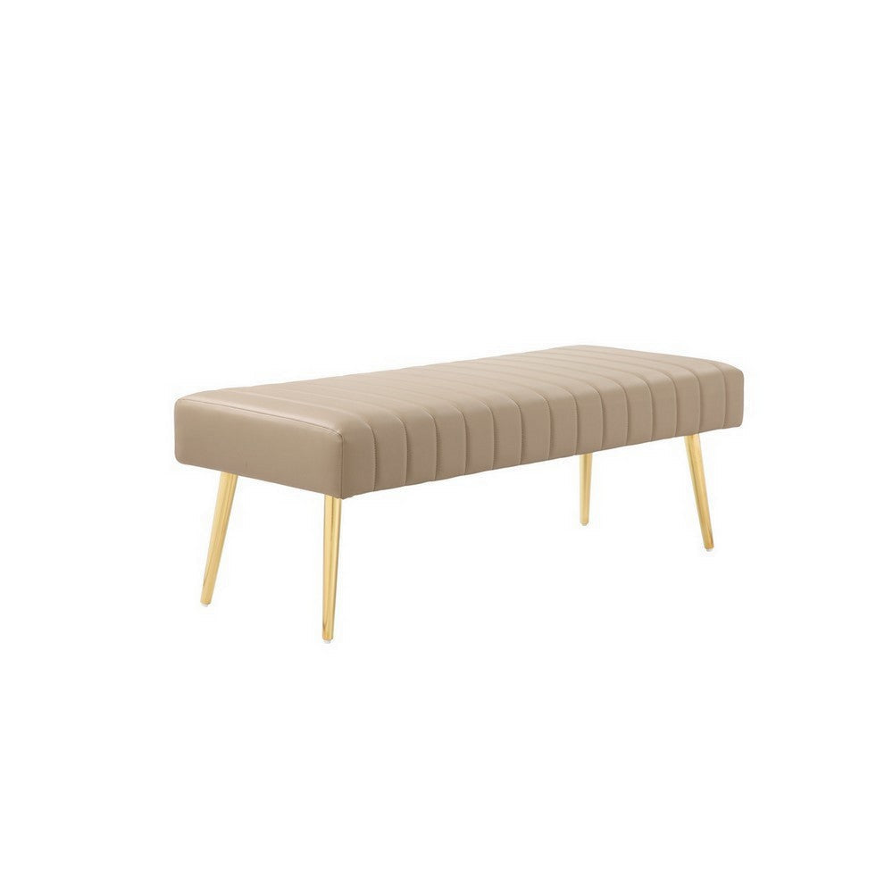 Lida 45 Inch Bench, Modern Tufted Lines, Beige Faux Leather, Gold Metal By Casagear Home