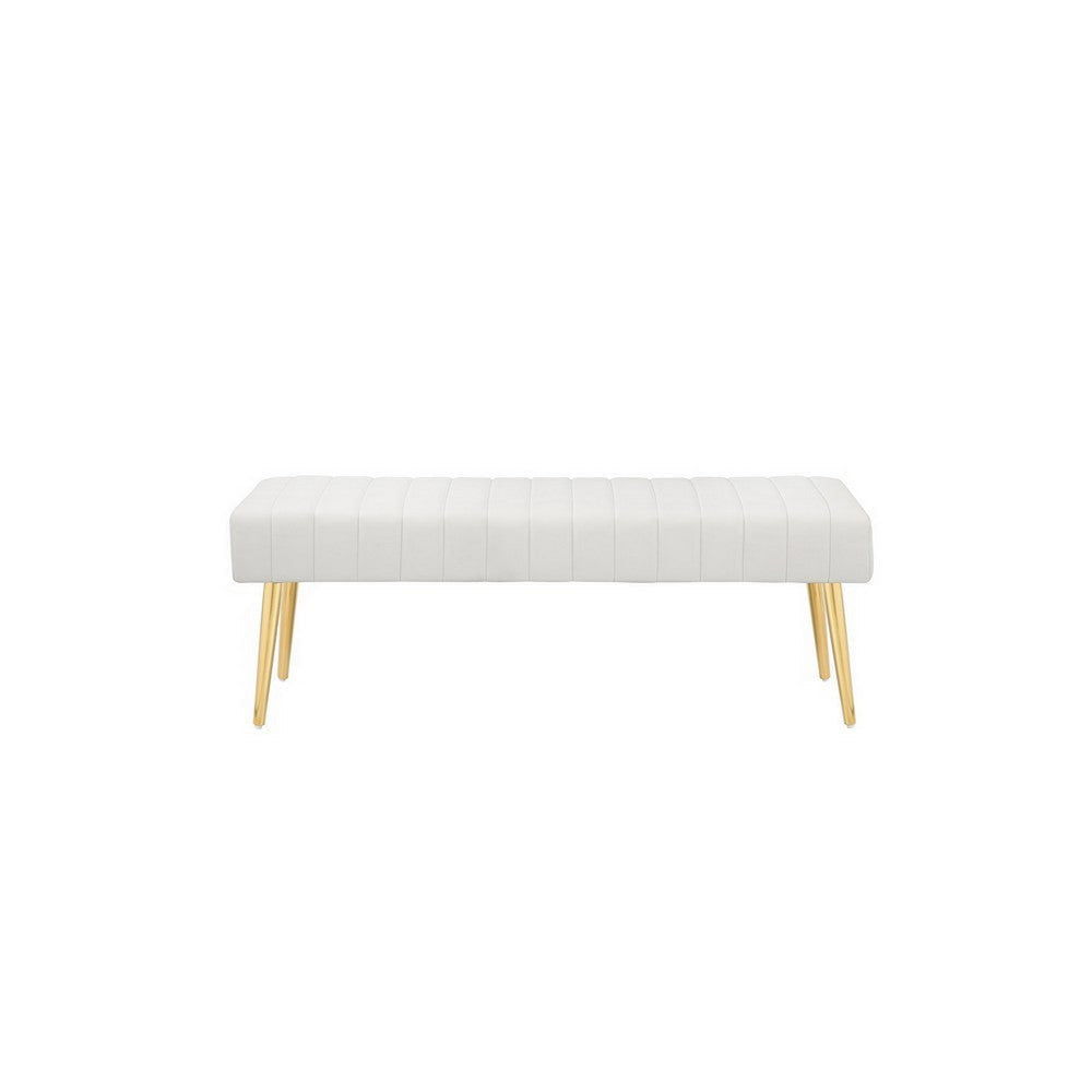 Lida 45 Inch Bench Modern Tufted Lines White Faux Leather Gold Metal By Casagear Home BM313359