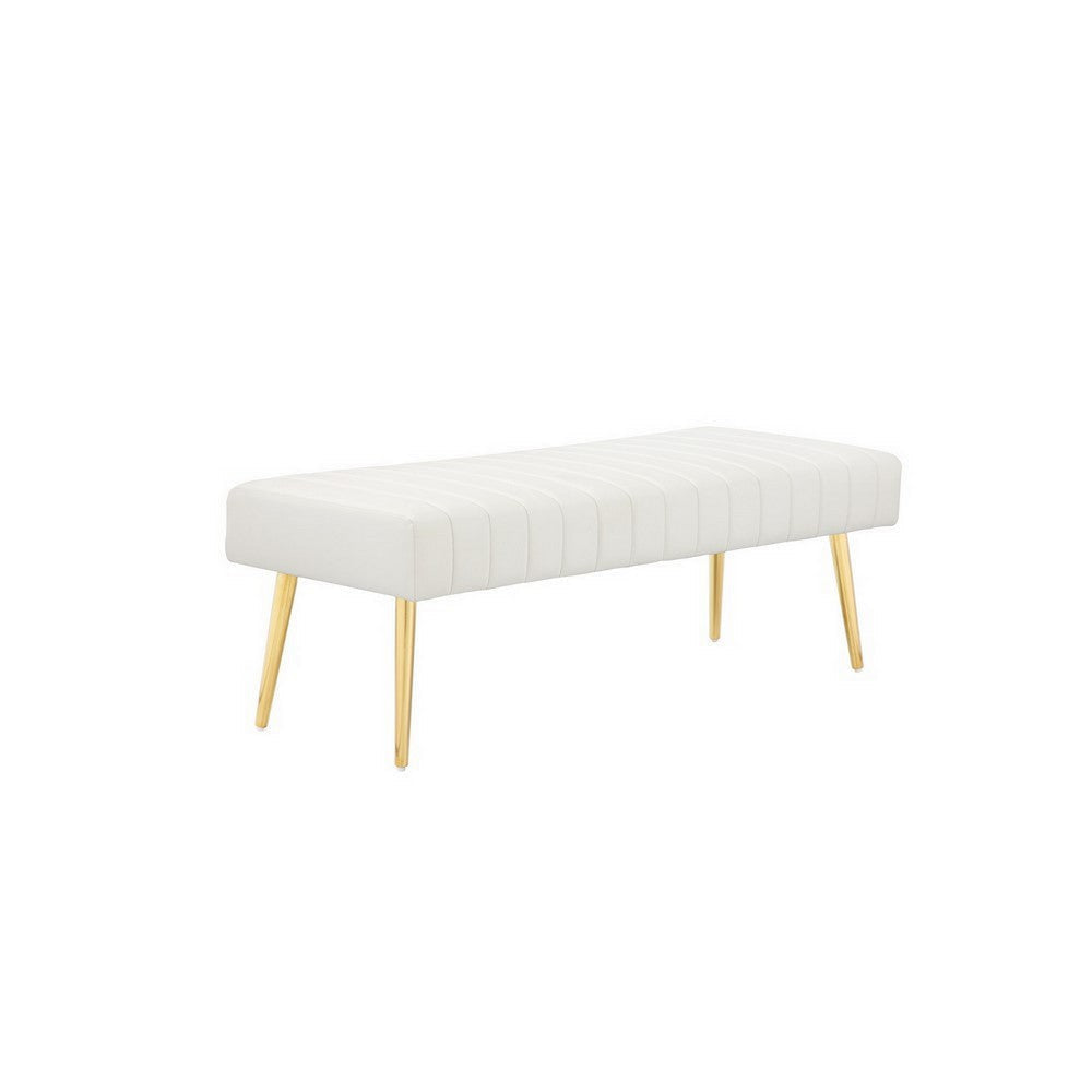 Lida 45 Inch Bench, Modern Tufted Lines, White Faux Leather, Gold Metal By Casagear Home