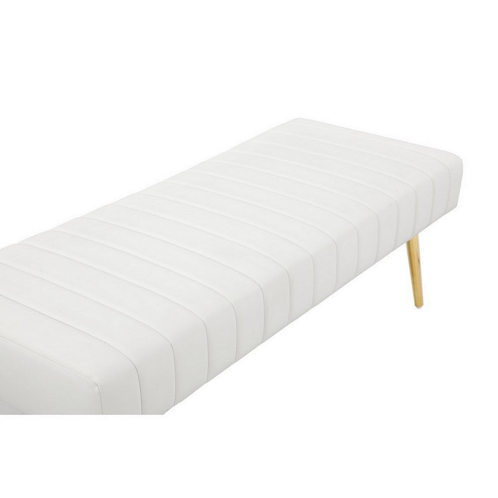 Lida 45 Inch Bench Modern Tufted Lines White Faux Leather Gold Metal By Casagear Home BM313359