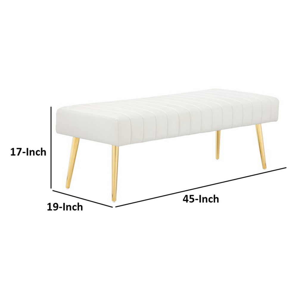 Lida 45 Inch Bench Modern Tufted Lines White Faux Leather Gold Metal By Casagear Home BM313359