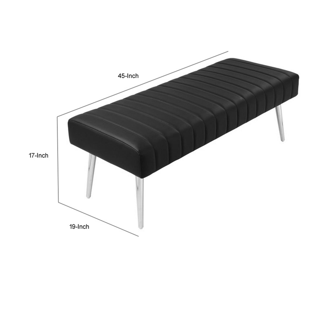 Lida 45 Inch Bench Modern Tufted Lines Black Faux Leather Chrome Metal By Casagear Home BM313360