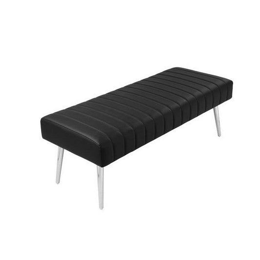 Lida 45 Inch Bench, Modern Tufted Lines, Black Faux Leather, Chrome Metal By Casagear Home