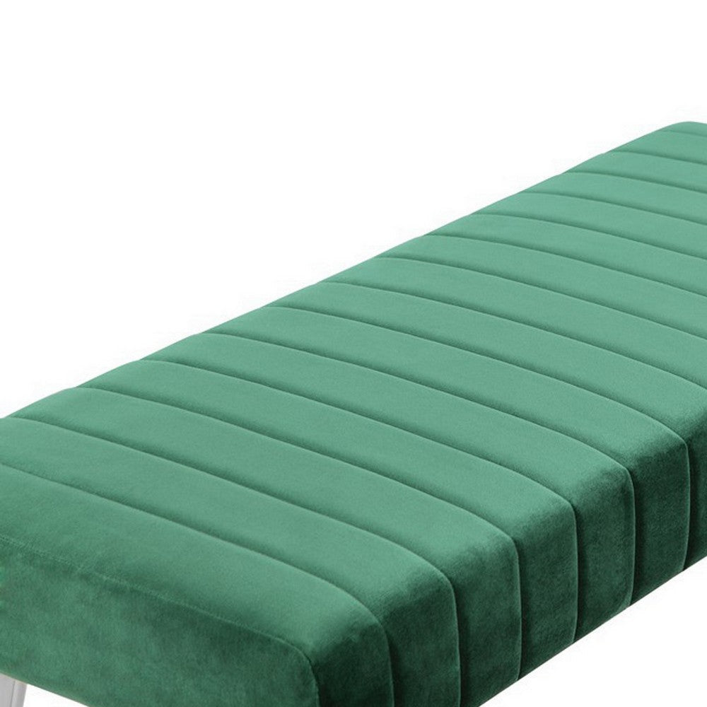 Lida 45 Inch Bench Modern Tufted Lines Green Soft Velvet Chrome Metal By Casagear Home BM313362