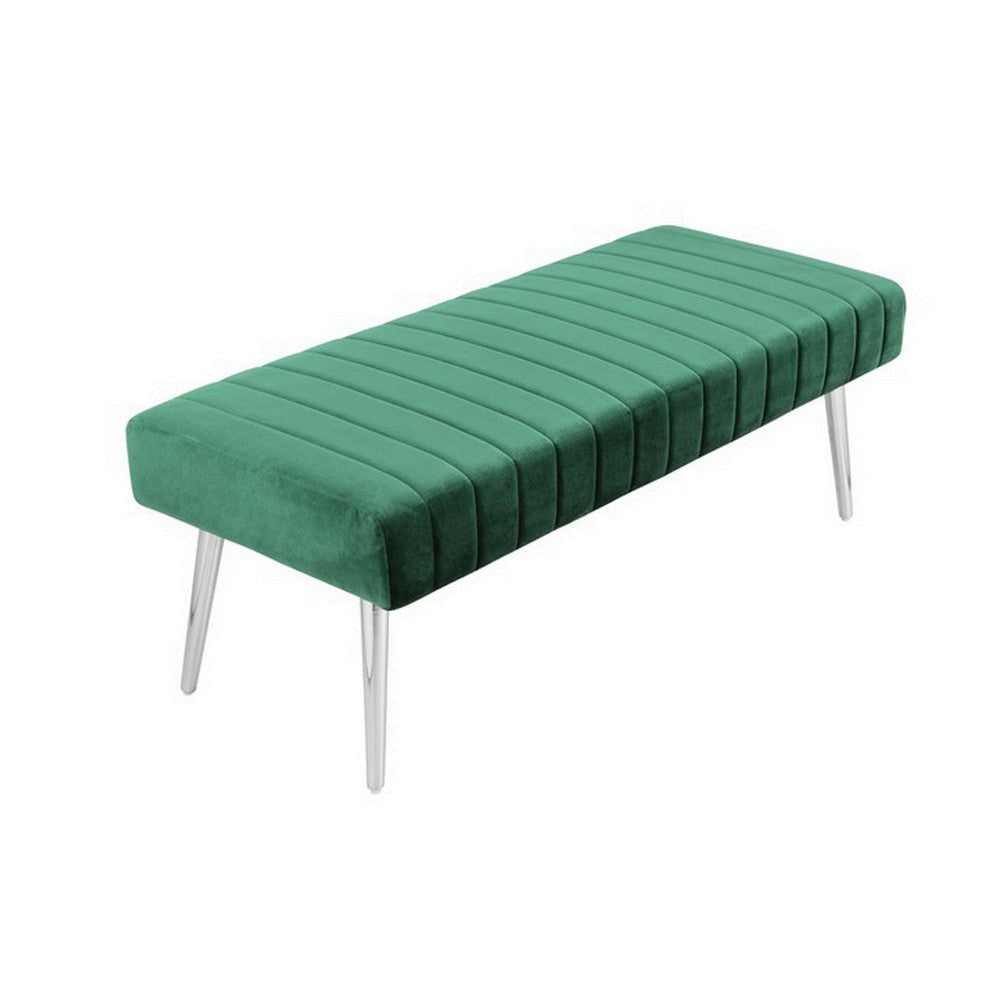 Lida 45 Inch Bench, Modern Tufted Lines, Green Soft Velvet, Chrome Metal By Casagear Home