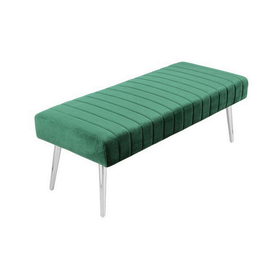 Lida 45 Inch Bench, Modern Tufted Lines, Green Soft Velvet, Chrome Metal By Casagear Home