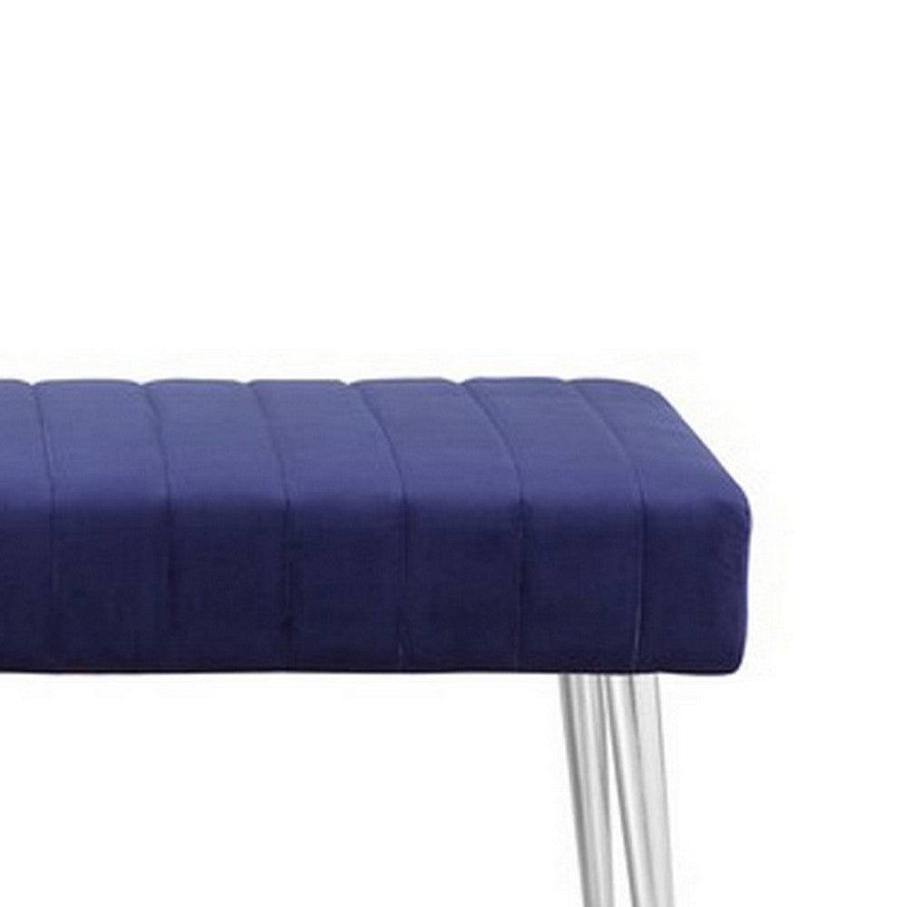 Lida 45 Inch Bench Modern Tufted Lines Blue Soft Velvet Chrome Metal By Casagear Home BM313363