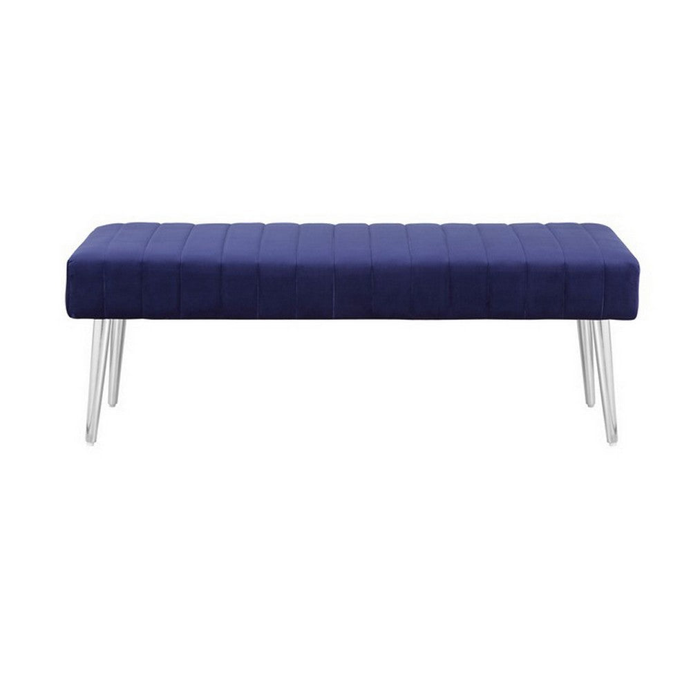 Lida 45 Inch Bench, Modern Tufted Lines, Blue Soft Velvet, Chrome Metal By Casagear Home