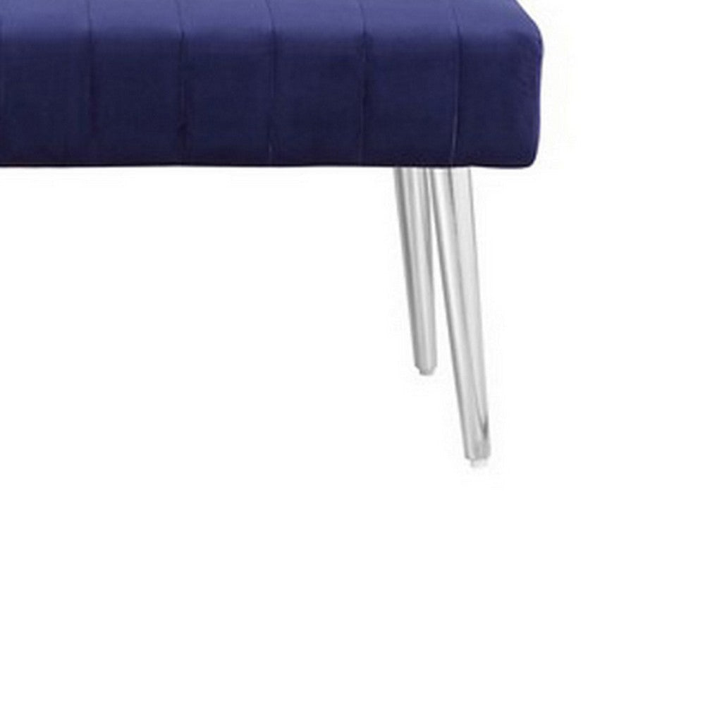 Lida 45 Inch Bench Modern Tufted Lines Blue Soft Velvet Chrome Metal By Casagear Home BM313363