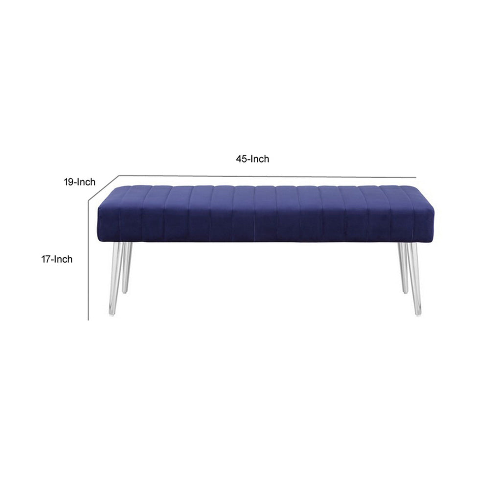 Lida 45 Inch Bench Modern Tufted Lines Blue Soft Velvet Chrome Metal By Casagear Home BM313363