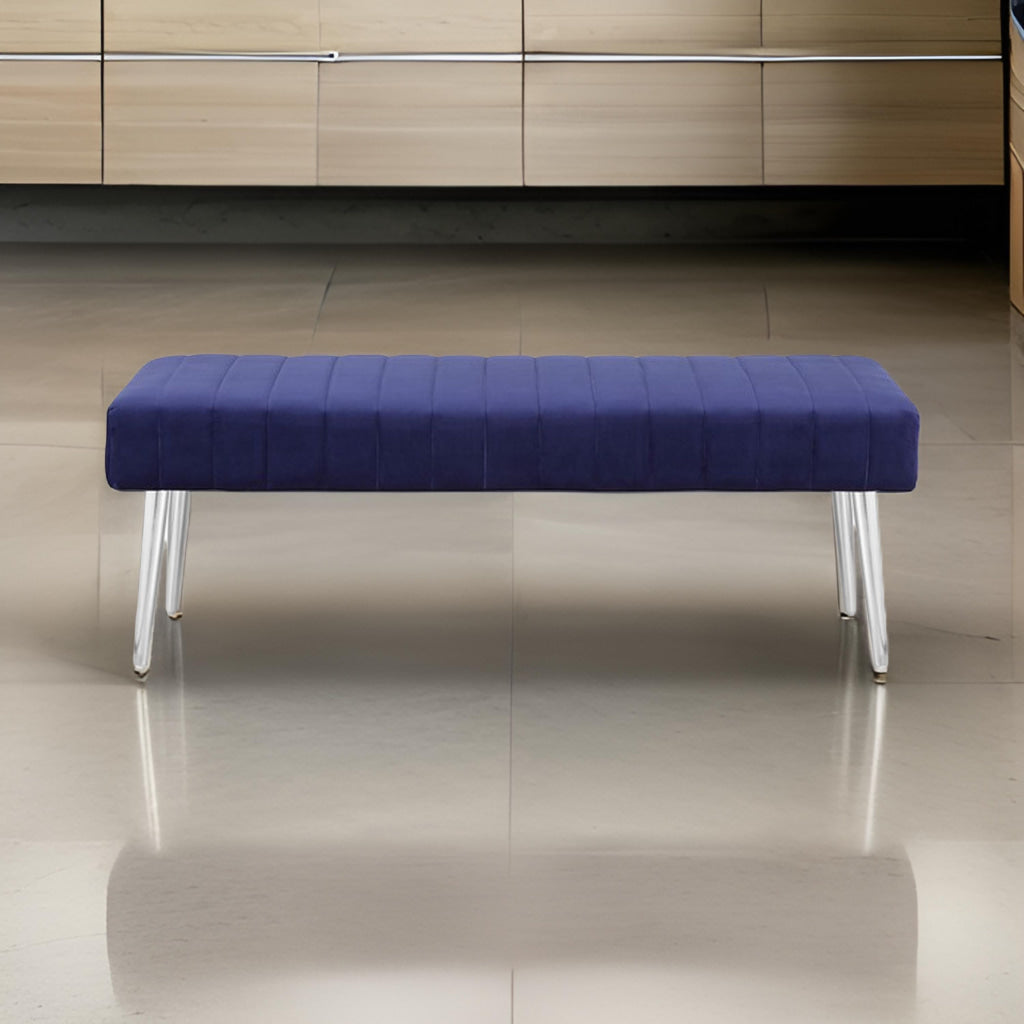 Lida 45 Inch Bench, Modern Tufted Lines, Blue Soft Velvet, Chrome Metal By Casagear Home