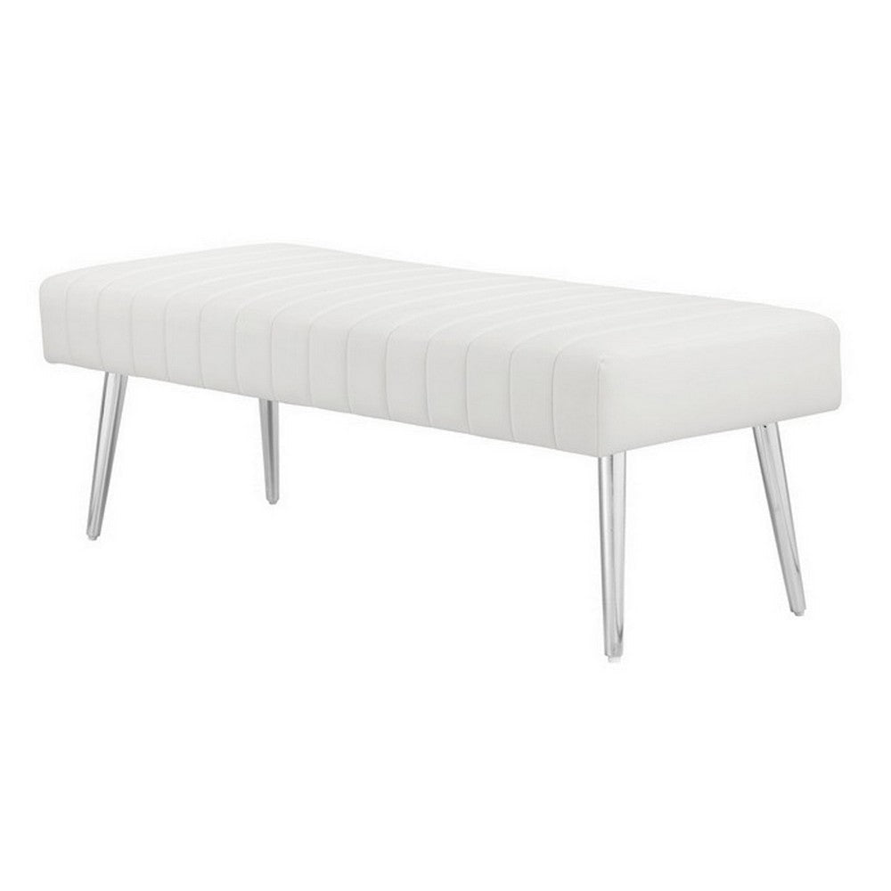 Lida 45 Inch Bench Modern Tufted Lines White Faux Leather Chrome Metal By Casagear Home BM313364