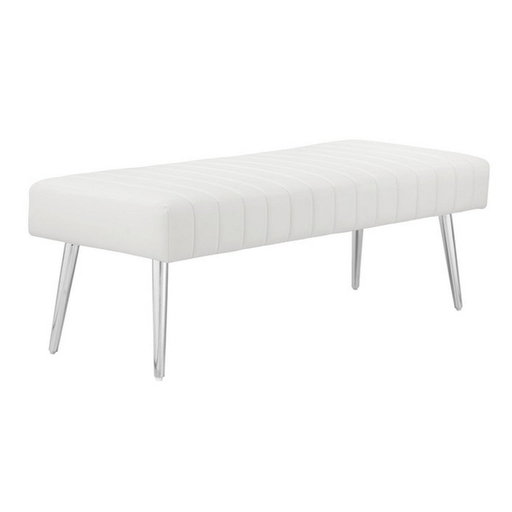 Lida 45 Inch Bench Modern Tufted Lines White Faux Leather Chrome Metal By Casagear Home BM313364