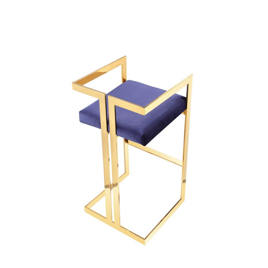 Zie 30 Inch Barstool Chair Navy Blue Velvet Padded Seat Gold Steel Finish By Casagear Home BM313367