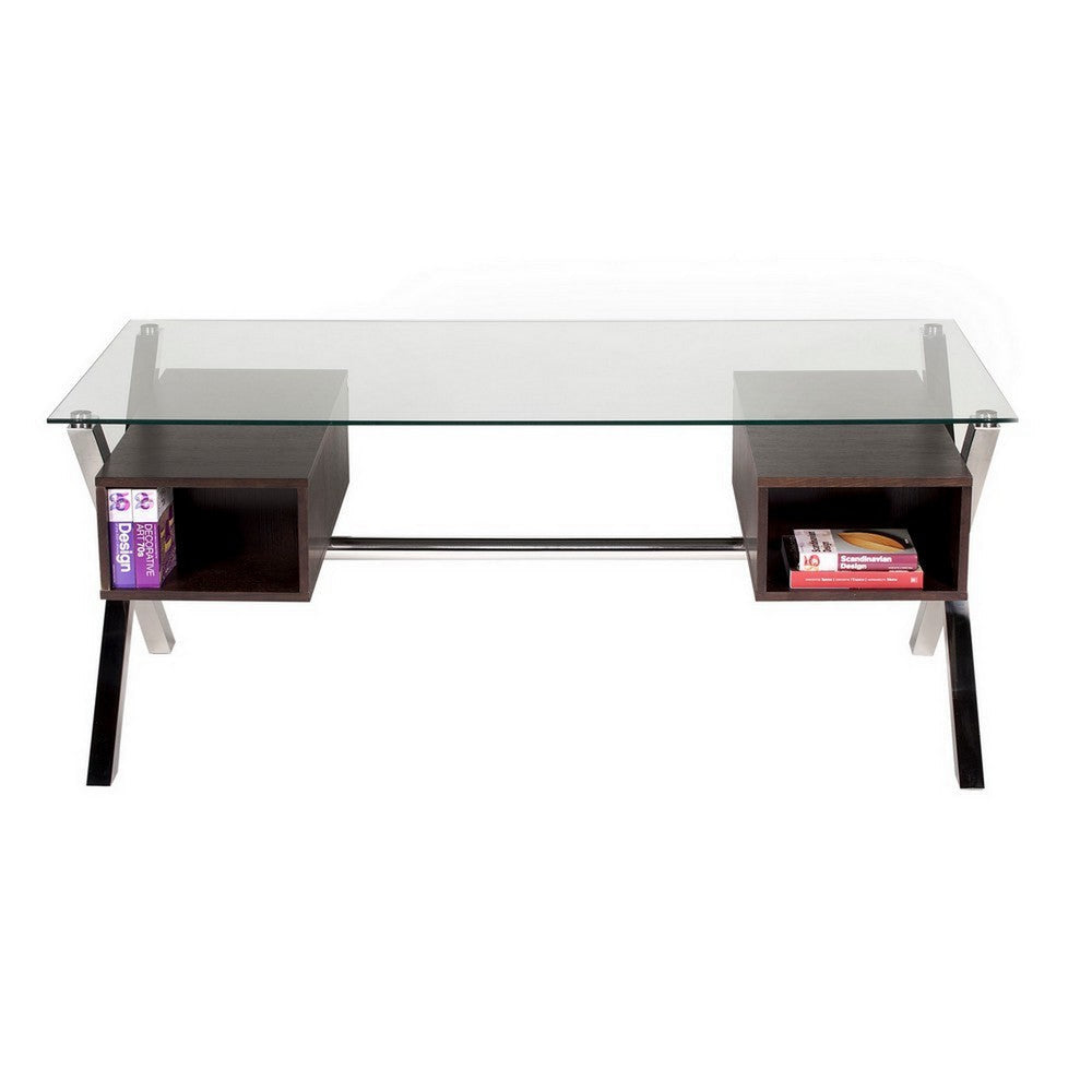 Tia 71 Inch Large Office Desk, Glass Tempered Top, 4 Drawers, Dark Brown By Casagear Home