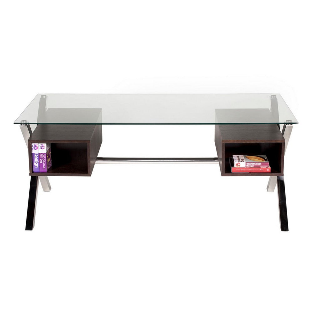 Tia 71 Inch Large Office Desk Glass Tempered Top 4 Drawers Dark Brown By Casagear Home BM313369