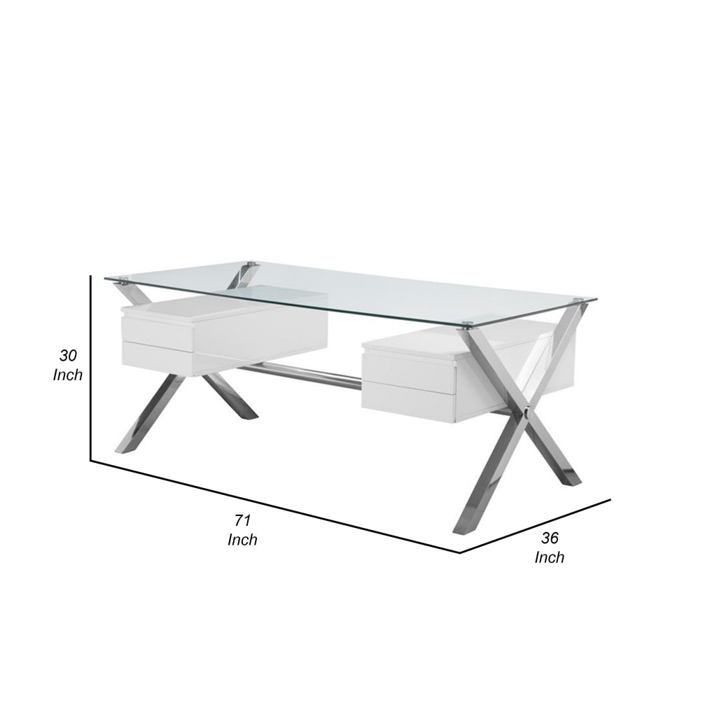 Tia 71 Inch Large Office Desk Glass Tempered Top 4 Drawers White Finish By Casagear Home BM313371