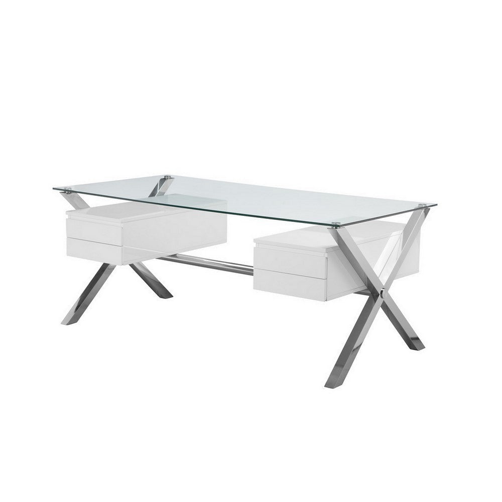 Tia 71 Inch Large Office Desk, Glass Tempered Top, 4 Drawers, White Finish By Casagear Home