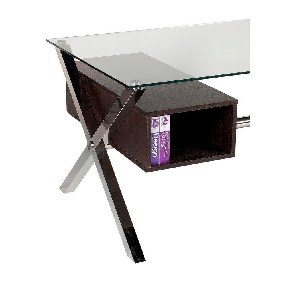 Tia 51 Inch Small Office Desk Glass Tempered Top 2 Drawers Dark Brown By Casagear Home BM313372