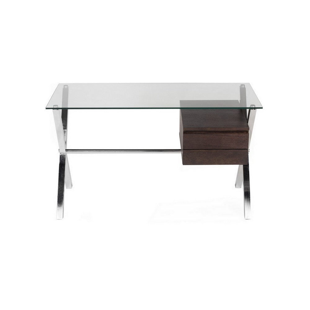 Tia 51 Inch Small Office Desk, Glass Tempered Top, 2 Drawers, Dark Brown By Casagear Home