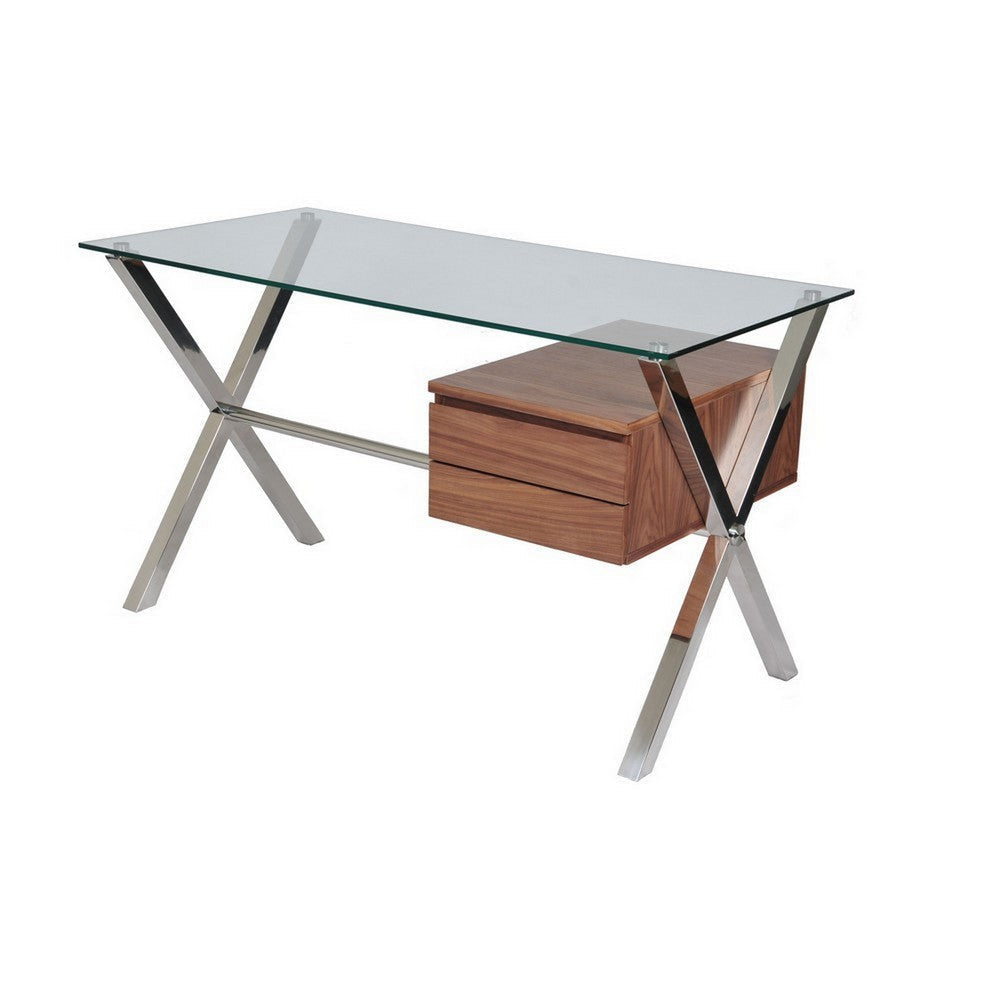 Tia 51 Inch Small Office Desk, Glass Tempered Top, 2 Drawers, Light Brown By Casagear Home