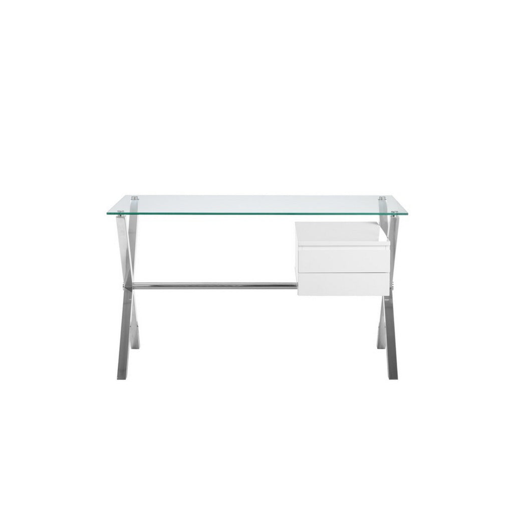 Tia 51 Inch Small Office Desk Glass Tempered Top 2 Drawers White Finish By Casagear Home BM313374