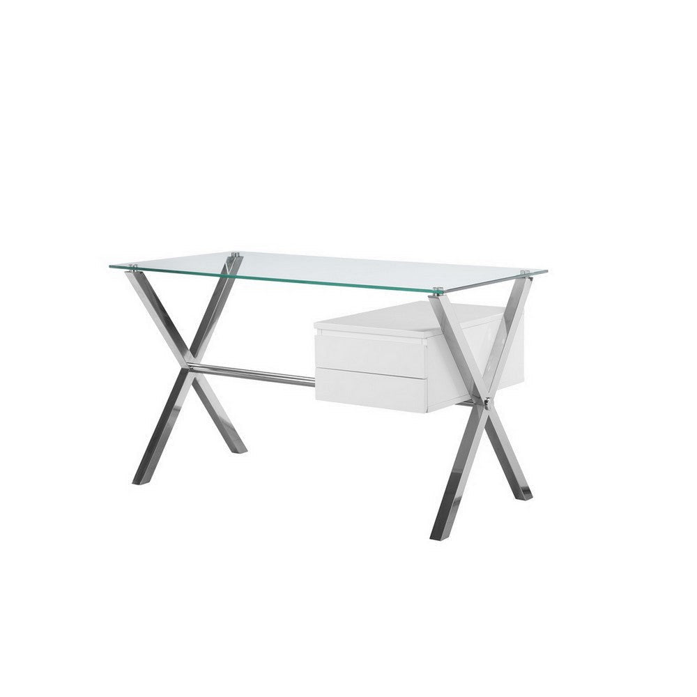 Tia 51 Inch Small Office Desk, Glass Tempered Top, 2 Drawers, White Finish By Casagear Home