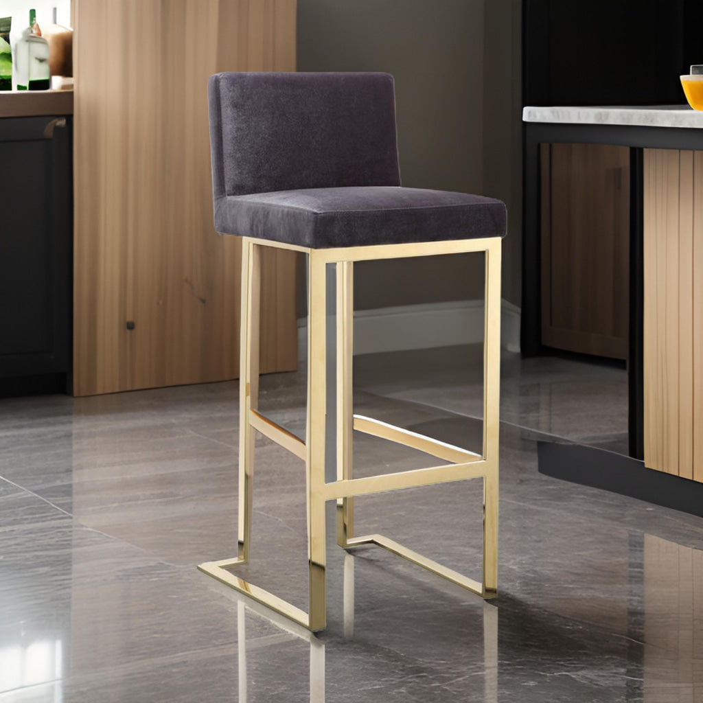 Boly 30 Inch Barstool Chair, Cushioned Gray Velvet, Gold Cantilever Base
 By Casagear Home