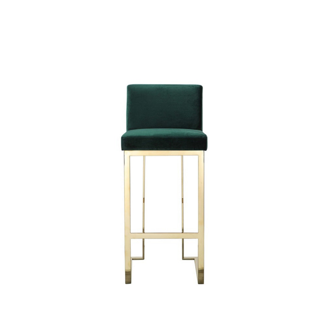 Boly 30 Inch Barstool Chair Cushioned Green Velvet Gold Cantilever Base By Casagear Home BM313376