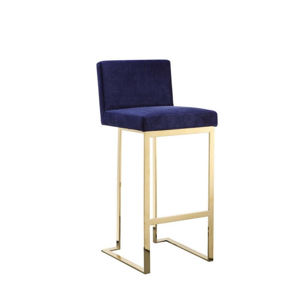 Boly 30 Inch Barstool Chair Cushioned Blue Velvet Gold Cantilever Base By Casagear Home BM313377