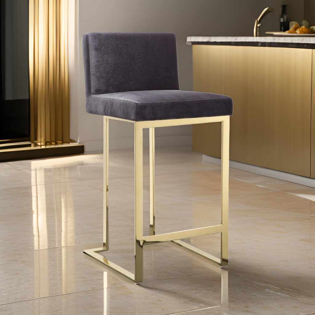 Boly 26 Inch Counter Stool Chair Cushioned Gray Velvet Gold Cantilever By Casagear Home BM313378