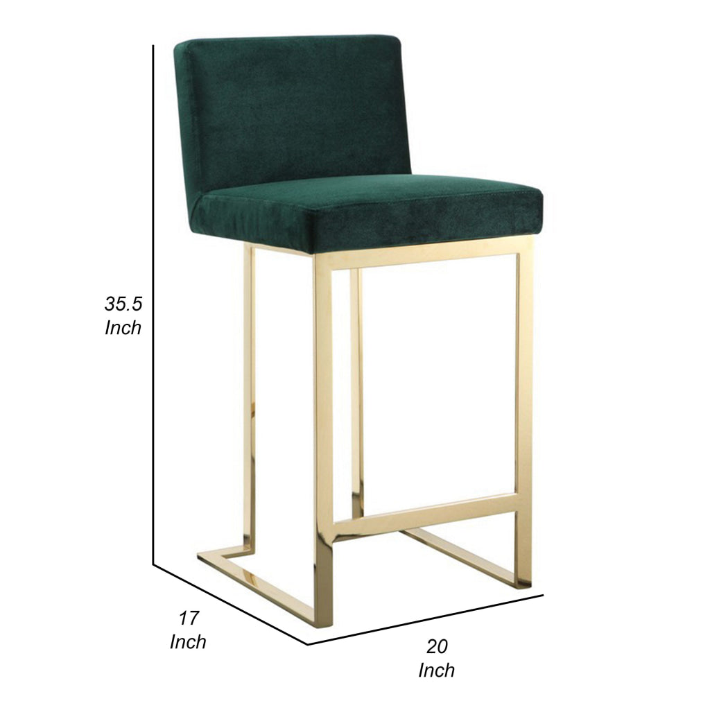 Boly 26 Inch Counter Stool Chair Cushioned Green Velvet Gold Cantilever By Casagear Home BM313379