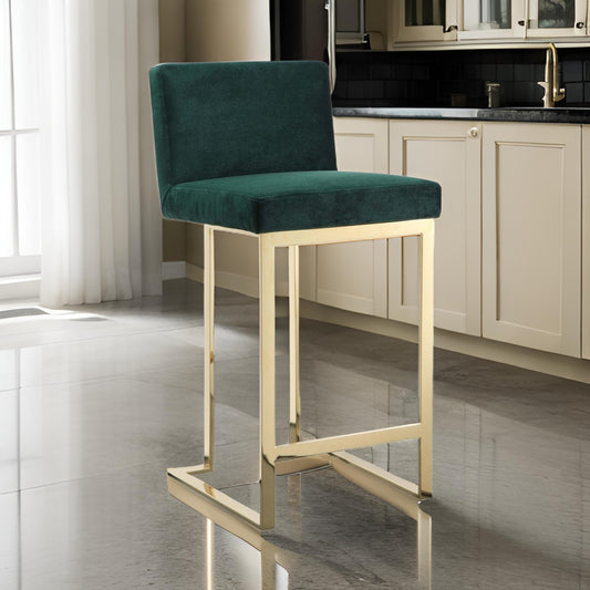 Boly 26 Inch Counter Stool Chair Cushioned Green Velvet Gold Cantilever By Casagear Home BM313379