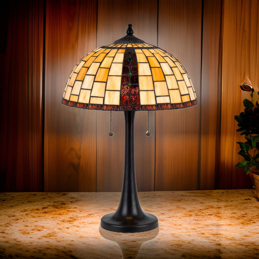 24 Inch Table Lamp, Tiffany Style Stained Glass, Pull Chain, Black Resin By Casagear Home