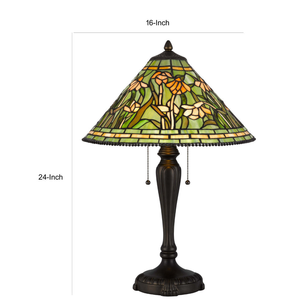 24 Inch Table Lamp Floral Tiffany Style Stained Glass Bronze Resin By Casagear Home BM313394