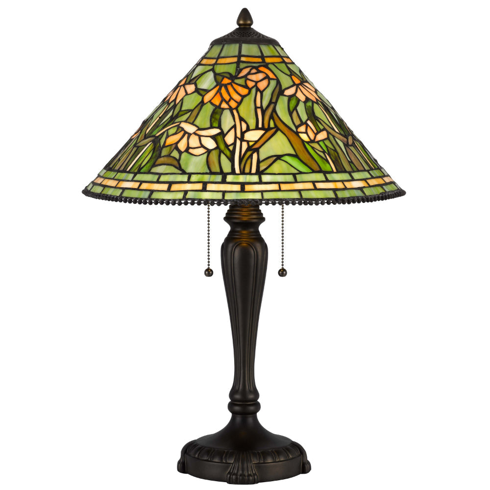 24 Inch Table Lamp, Floral Tiffany Style Stained Glass, Bronze Resin By Casagear Home