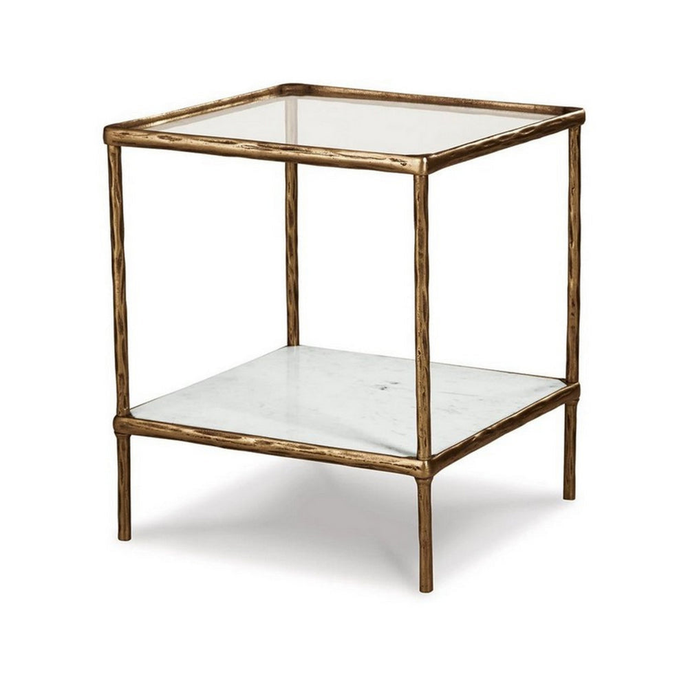 Dalie 25 Inch Accent Table Square Glass Tabletop Marble Antique Gold By Casagear Home BM313401