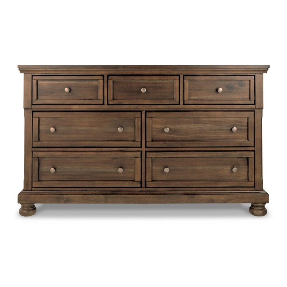 Flynt 65 Inch Wide Dresser 7 Gliding Drawers with Knobs Brown Wood Veneer By Casagear Home BM313409