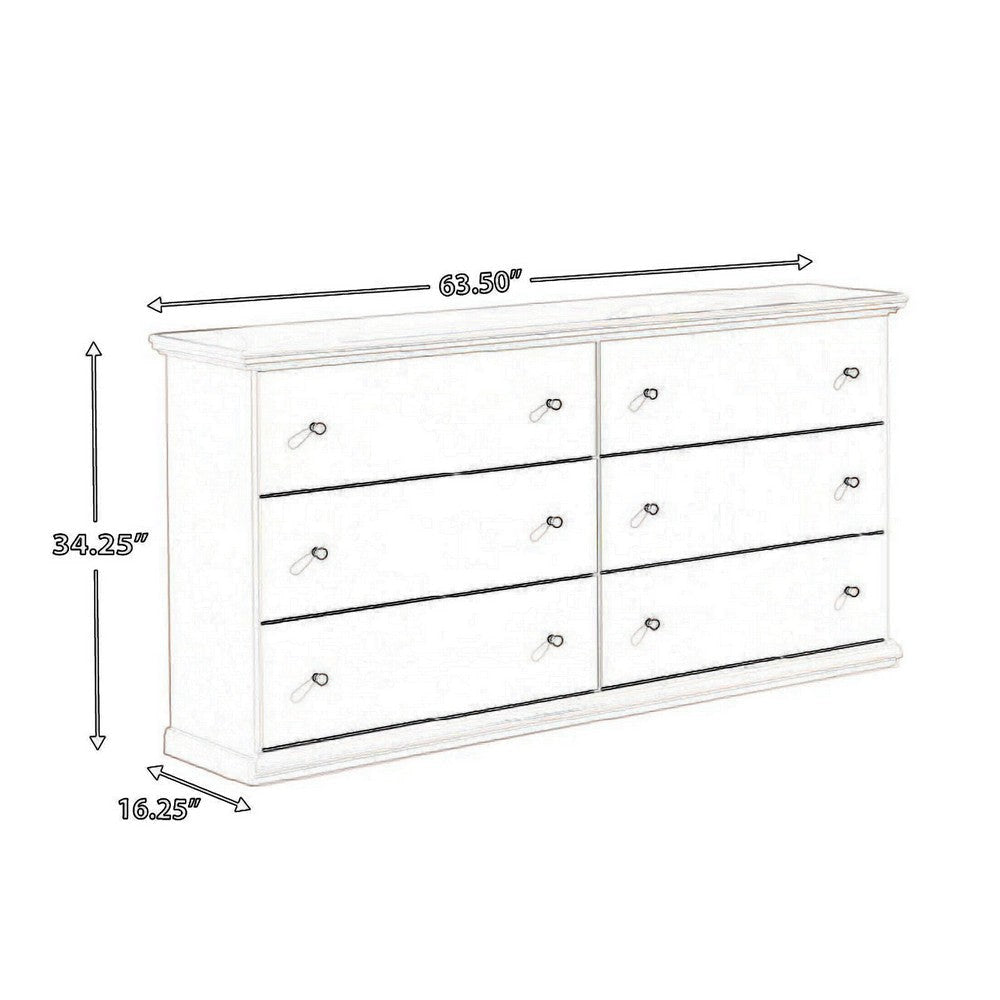 Vick 63 Inch Wide Dresser 6 Drawers with Pewter Knobs White Wood Finish By Casagear Home BM313412