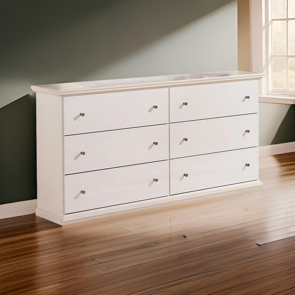 Vick 63 Inch Wide Dresser 6 Drawers with Pewter Knobs White Wood Finish By Casagear Home BM313412