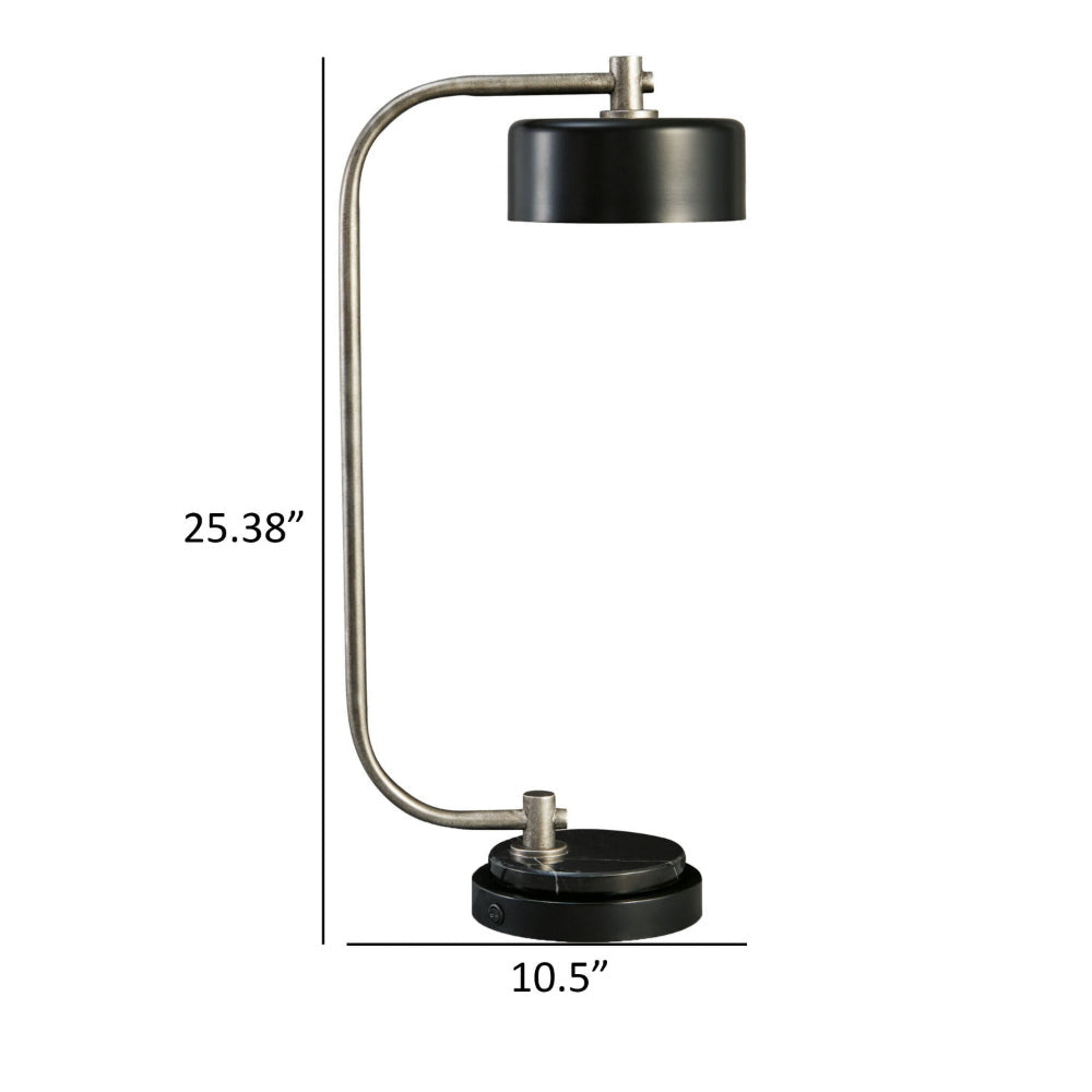 Mary 25 Inch Desk Lamp USB Port and Switch Marble Silver and Black Metal By Casagear Home BM313420